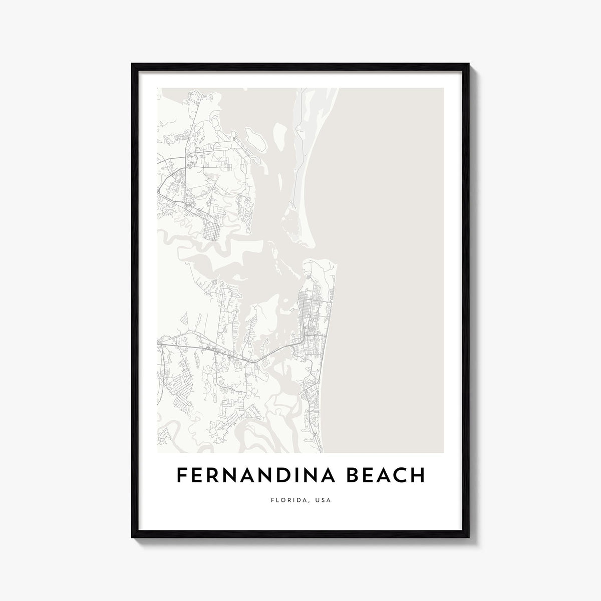 Fernandina Beach black & white map poster of Florida, USA – vertical wall art, unframed print shown in interior mockup