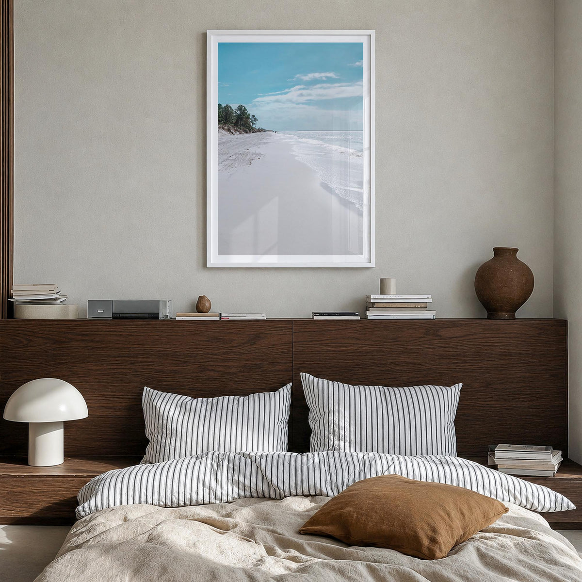 Fernandina Beach colorful photo poster of Florida, USA – vertical wall art in white wood frame with white border, hanging on