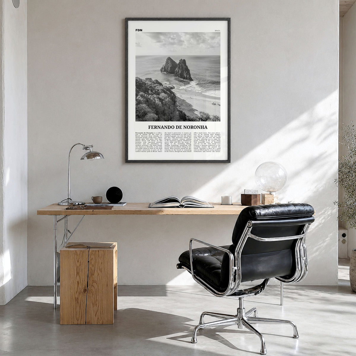 Fernando de Noronha Newspaper Poster in a black wood frame, hanging in a bright home office