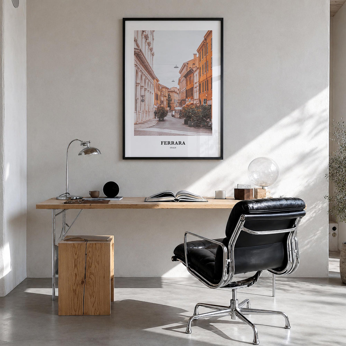 Ferrara colorful classic poster of Italy – vertical wall art in black wood frame, hanging on wall