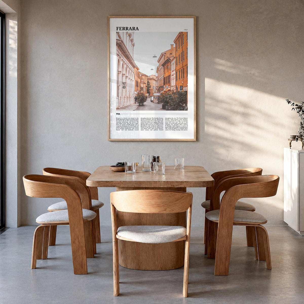 Ferrara colorful travel poster of Italy – vertical wall art in natural wood frame, hanging on wall