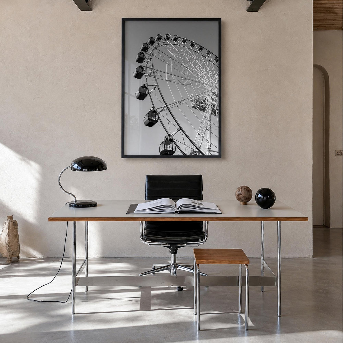 Ferris Wheel black & white photo poster – vertical wall art in black wood frame, hanging on wall