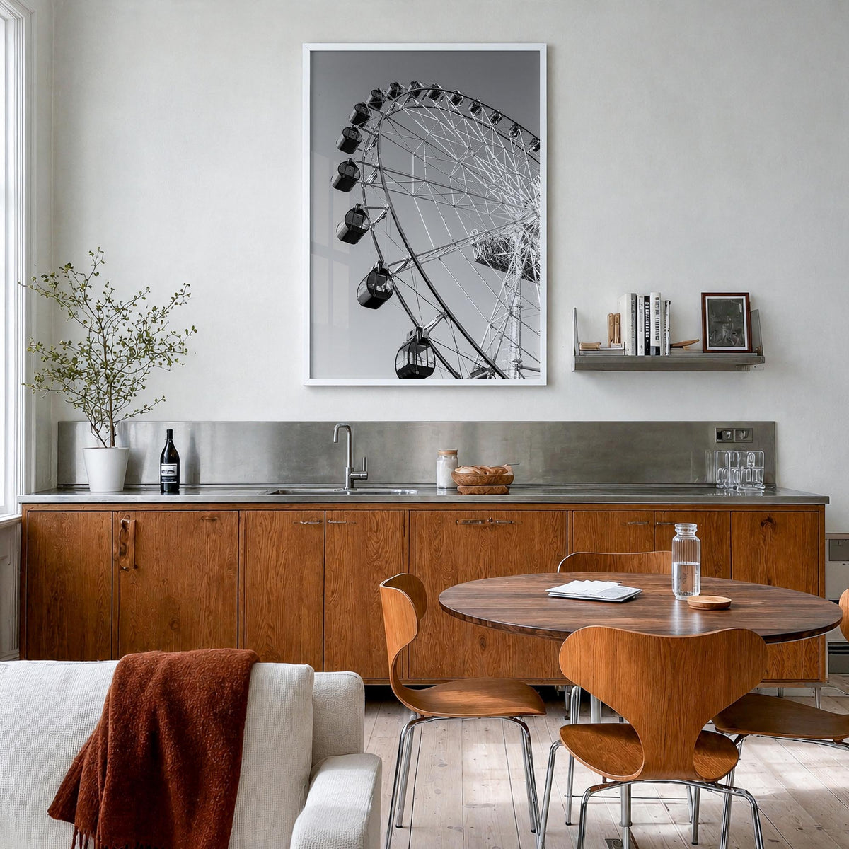 Ferris Wheel black & white photo poster – vertical wall art in white wood frame, hanging on wall