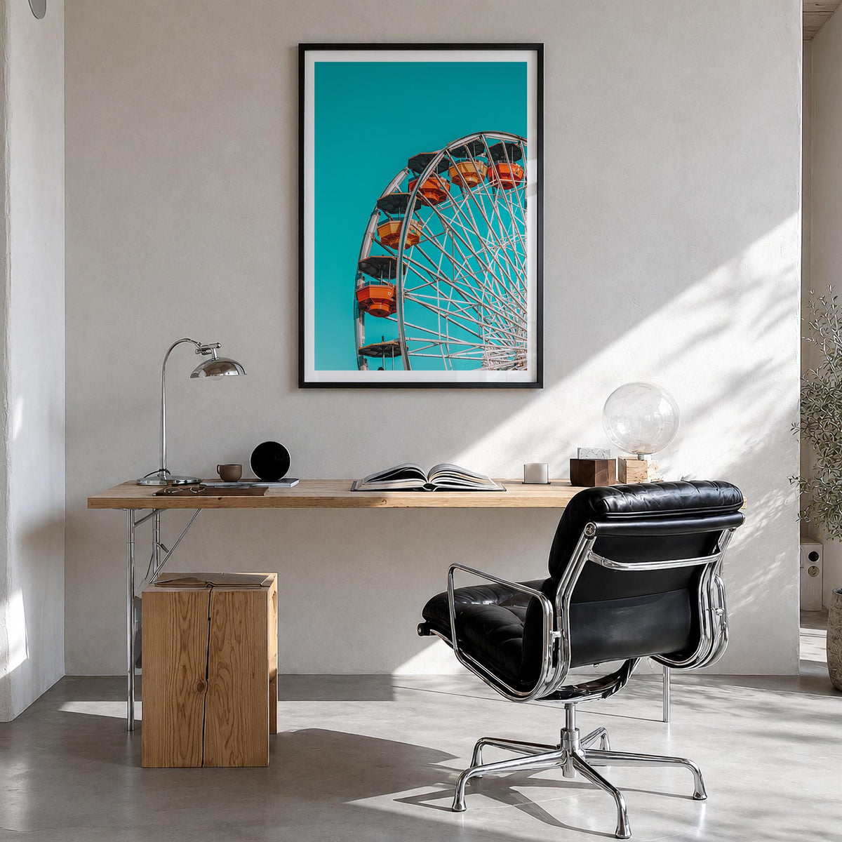 Ferris Wheel colorful photo poster – vertical wall art in black wood frame with white border, hanging on wall