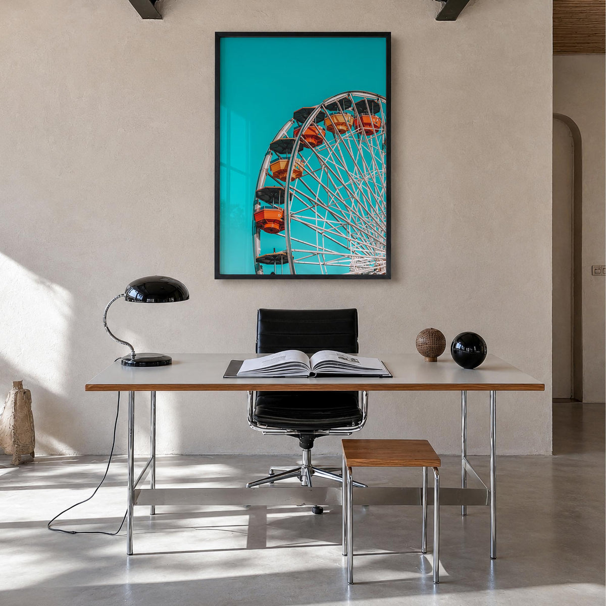Ferris Wheel colorful photo poster – vertical wall art in black wood frame, hanging on wall