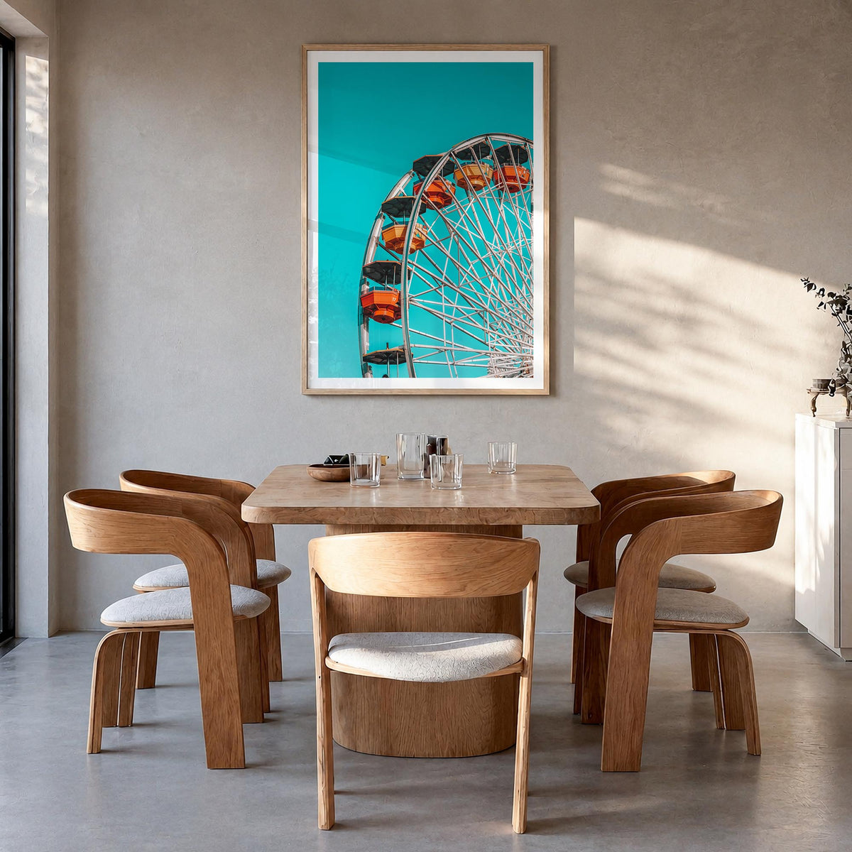 Ferris Wheel colorful photo poster – vertical wall art in natural wood frame with white border, hanging on wall
