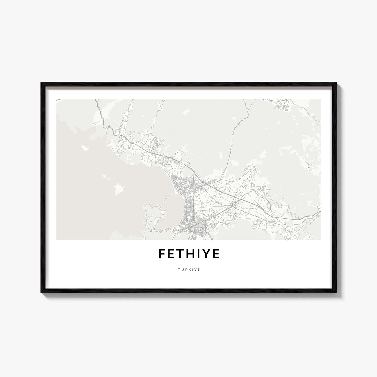 Fethiye black & white map poster of Türkiye – horizontal wall art, unframed print shown in interior mockup
