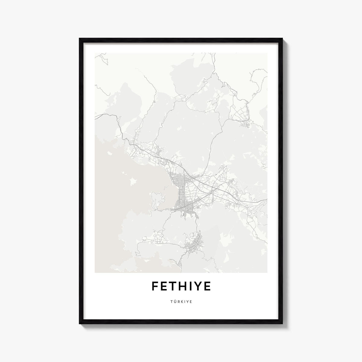 Fethiye black & white map poster of Türkiye – vertical wall art, unframed print shown in interior mockup