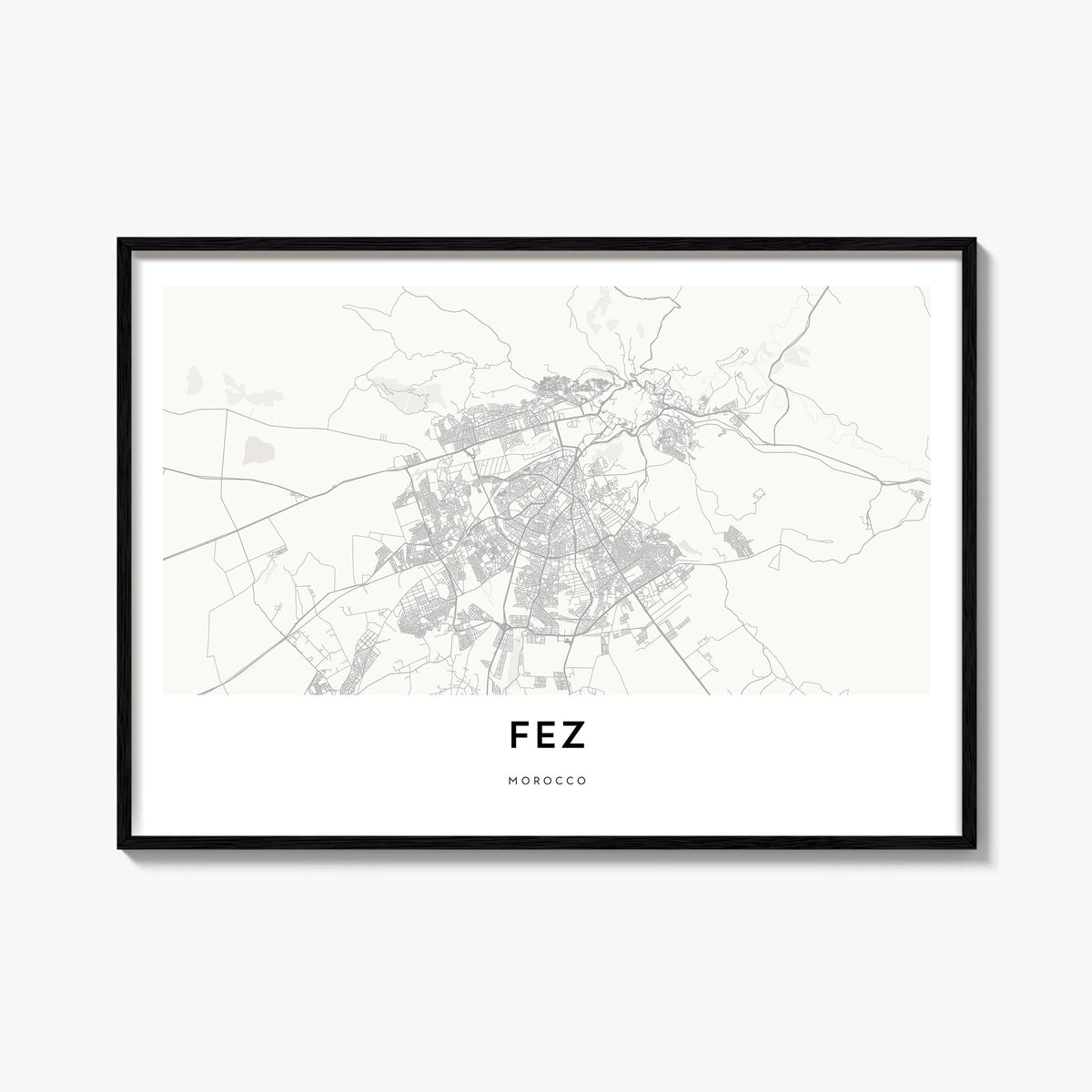 Fez black & white map poster of Morocco – horizontal wall art, unframed print shown in interior mockup