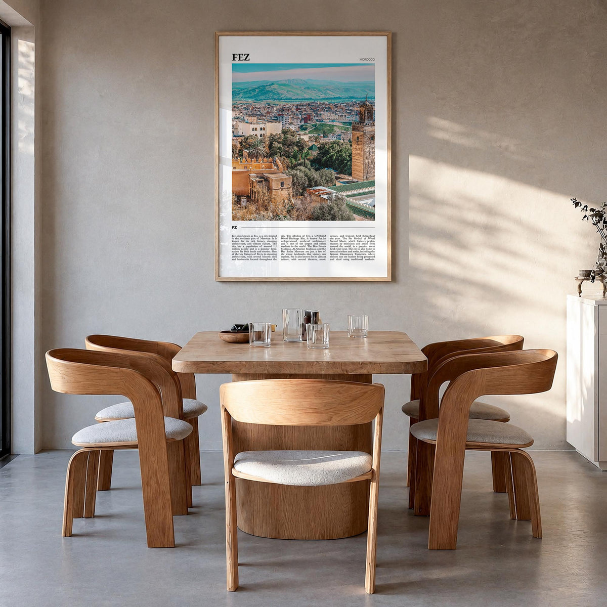 Fez colorful travel poster of Morocco – vertical wall art in natural wood frame, hanging on wall