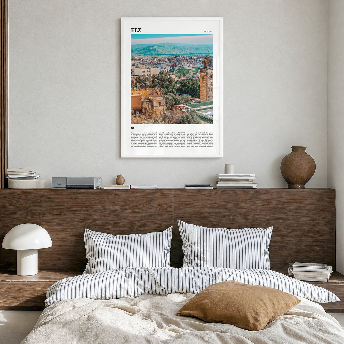 Fez Travel Poster in a white wood frame, hanging in a bedroom