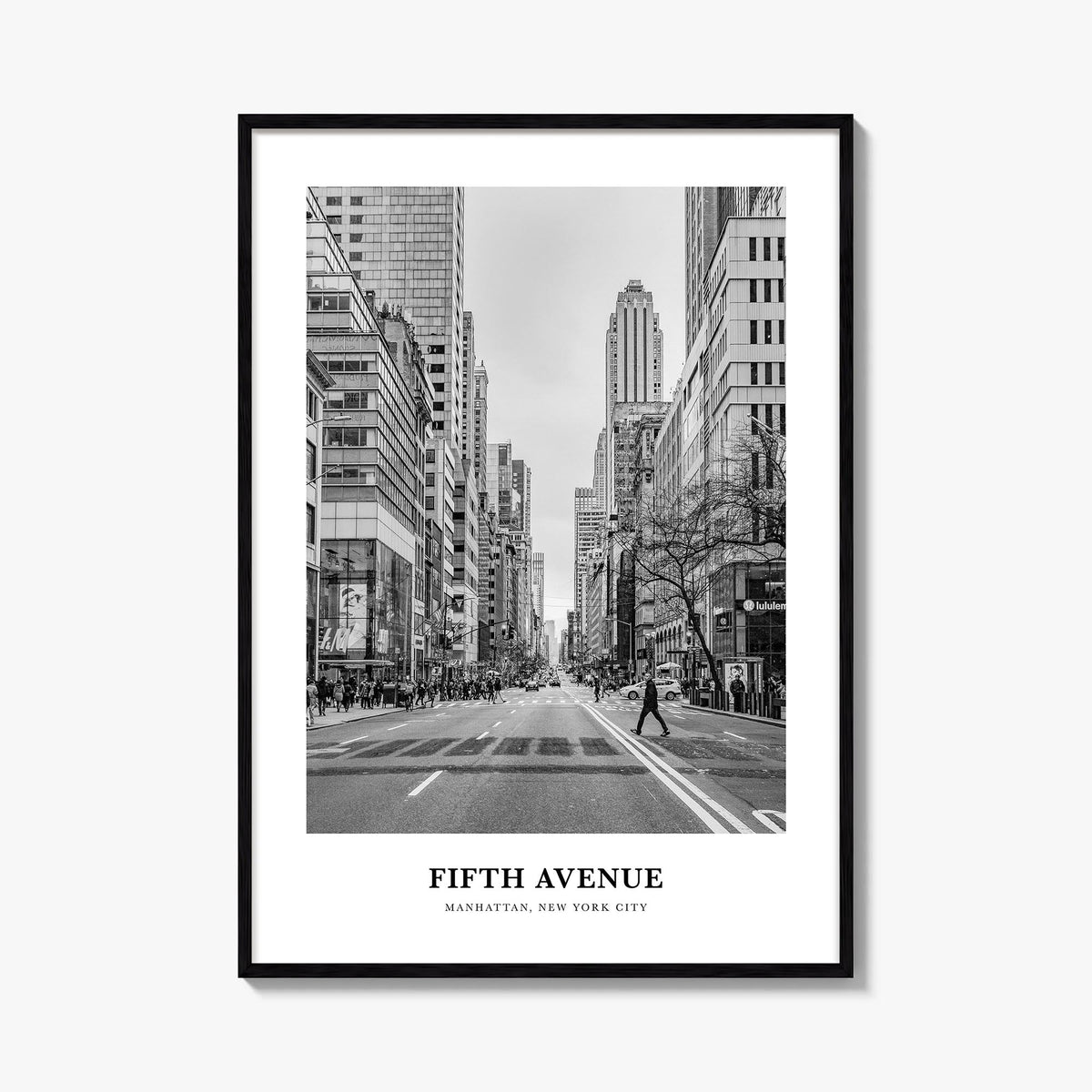Fifth Avenue black & white classic poster of New York, USA – vertical wall art, unframed print shown in interior mockup