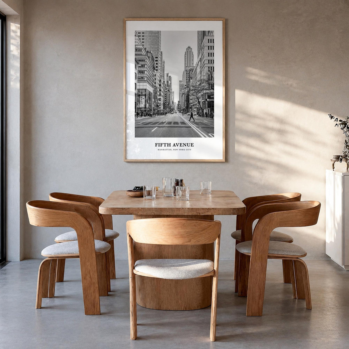Fifth Avenue black & white classic poster of New York, USA – vertical wall art in natural wood frame, hanging on wall