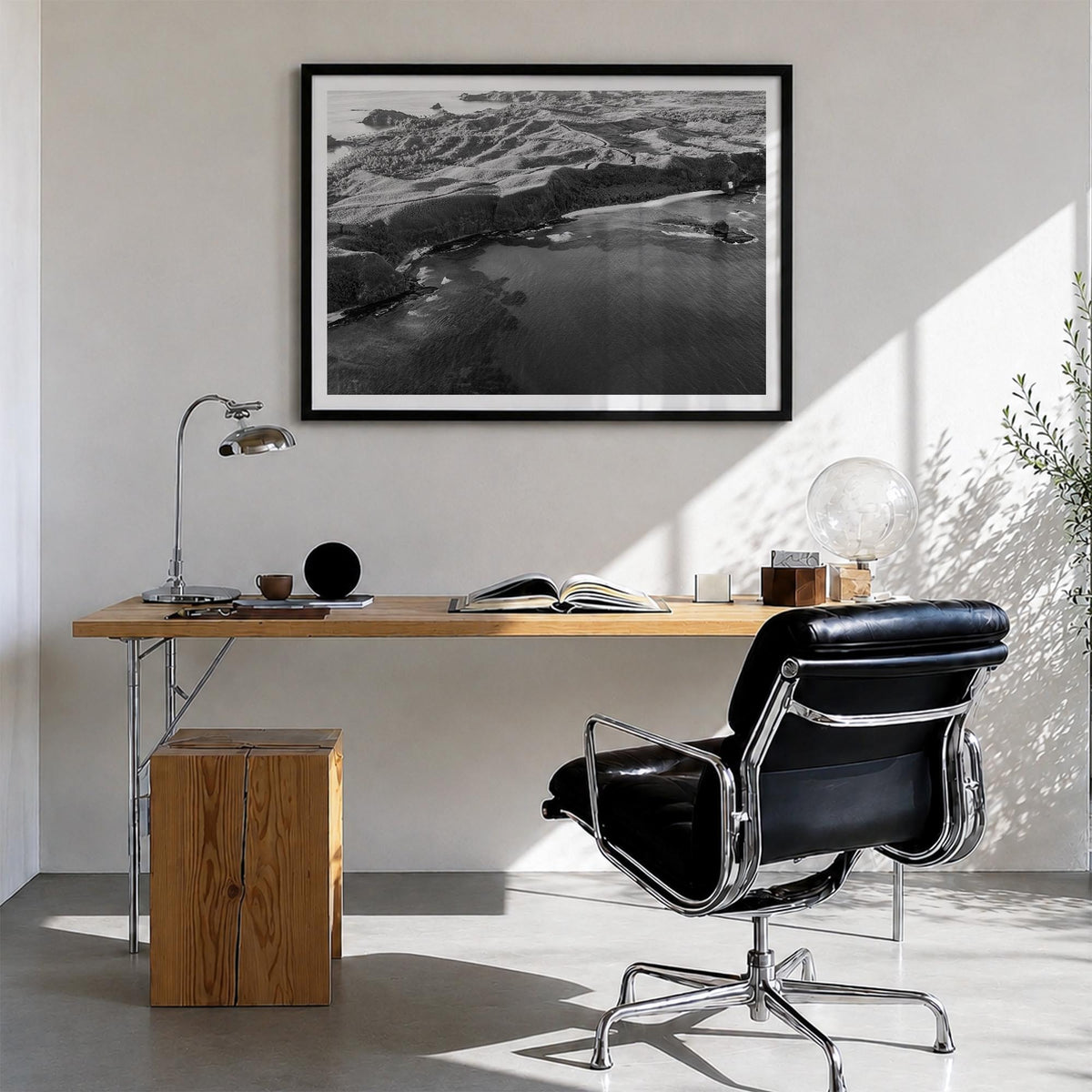 Fiji black & white photo poster of Oceania – horizontal wall art in black wood frame with white border, hanging on wall
