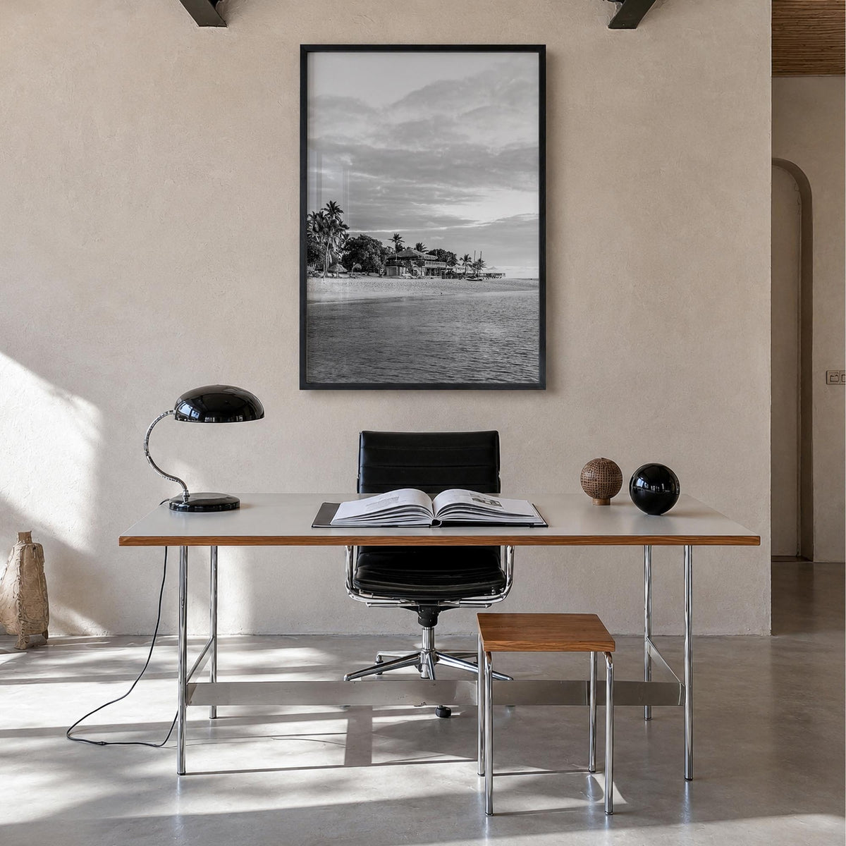 Fiji black & white photo poster of Oceania – vertical wall art in black wood frame, hanging on wall