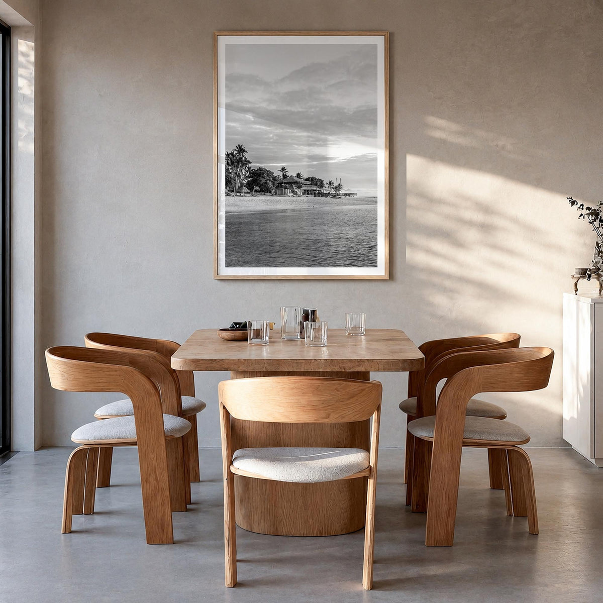 Fiji black & white photo poster of Oceania – vertical wall art in natural wood frame with white border, hanging on wall