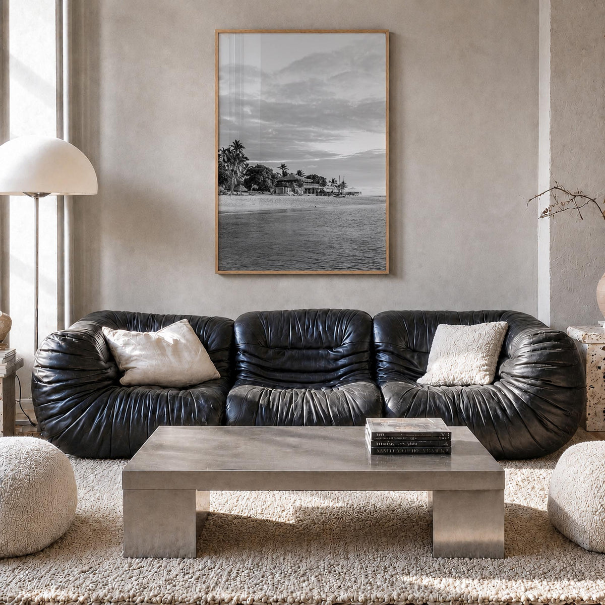 Fiji black & white photo poster of Oceania – vertical wall art in natural wood frame, hanging on wall