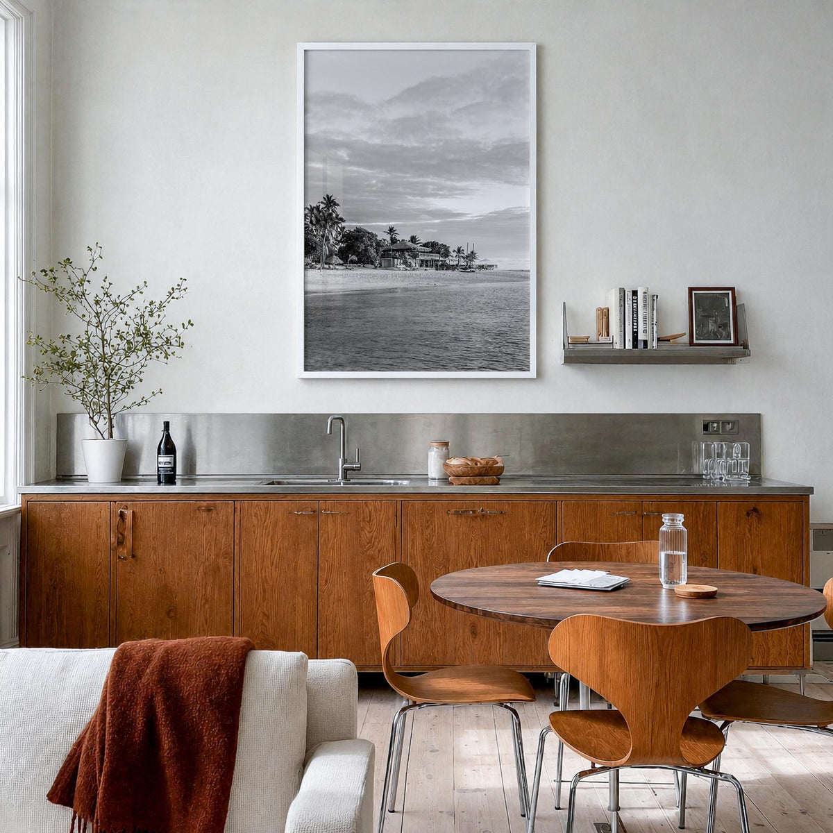 Fiji black & white photo poster of Oceania – vertical wall art in white wood frame, hanging on wall
