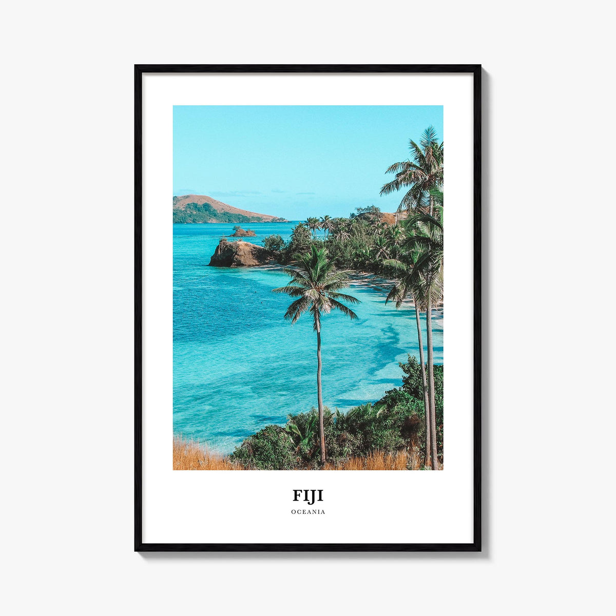 Fiji colorful classic poster of Oceania – vertical wall art, unframed print shown in interior mockup