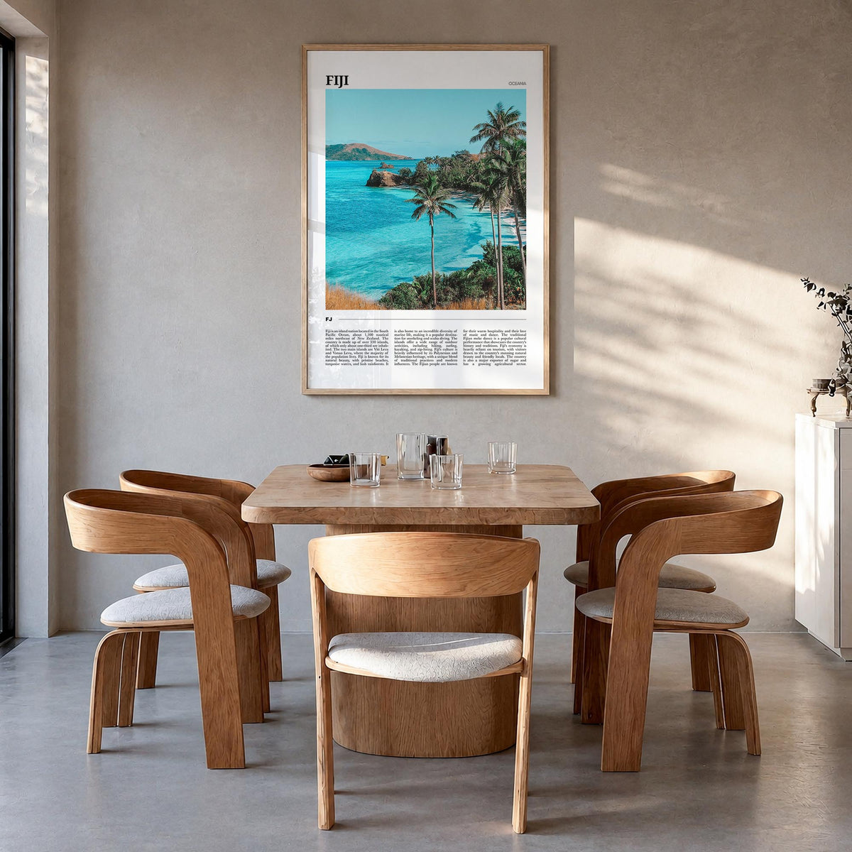 Fiji colorful travel poster of Oceania – vertical wall art in natural wood frame, hanging on wall