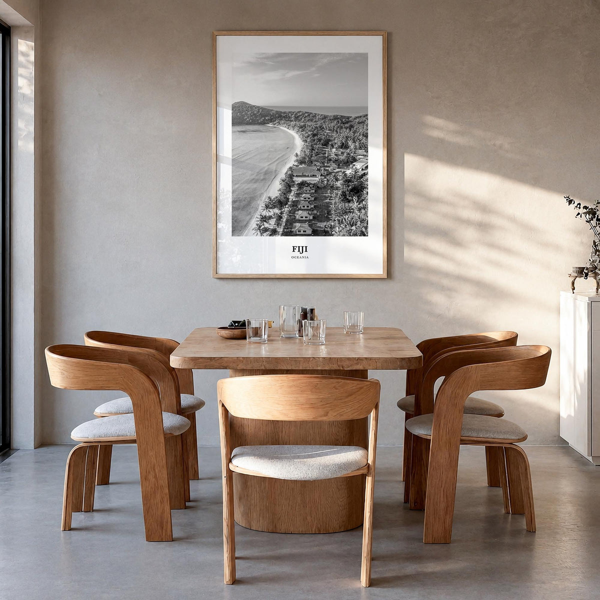 Fiji no. 1 black & white classic poster of Oceania – vertical wall art in natural wood frame, hanging on wall