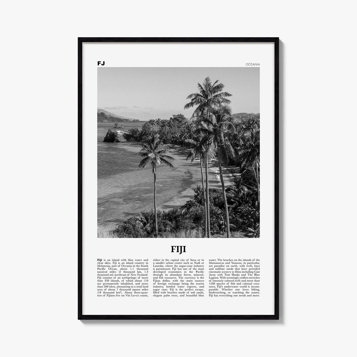 Fiji no. 1 black & white newspaper poster of Oceania – vertical wall art, unframed print shown in interior mockup