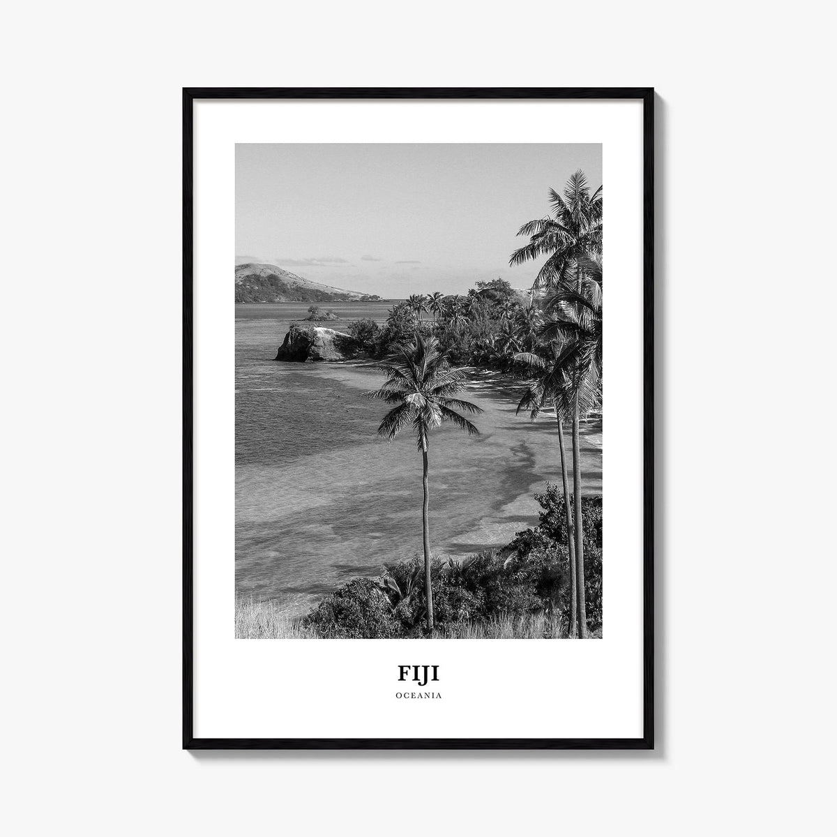Fiji no. 3 black & white classic poster of Oceania – vertical wall art, unframed print shown in interior mockup