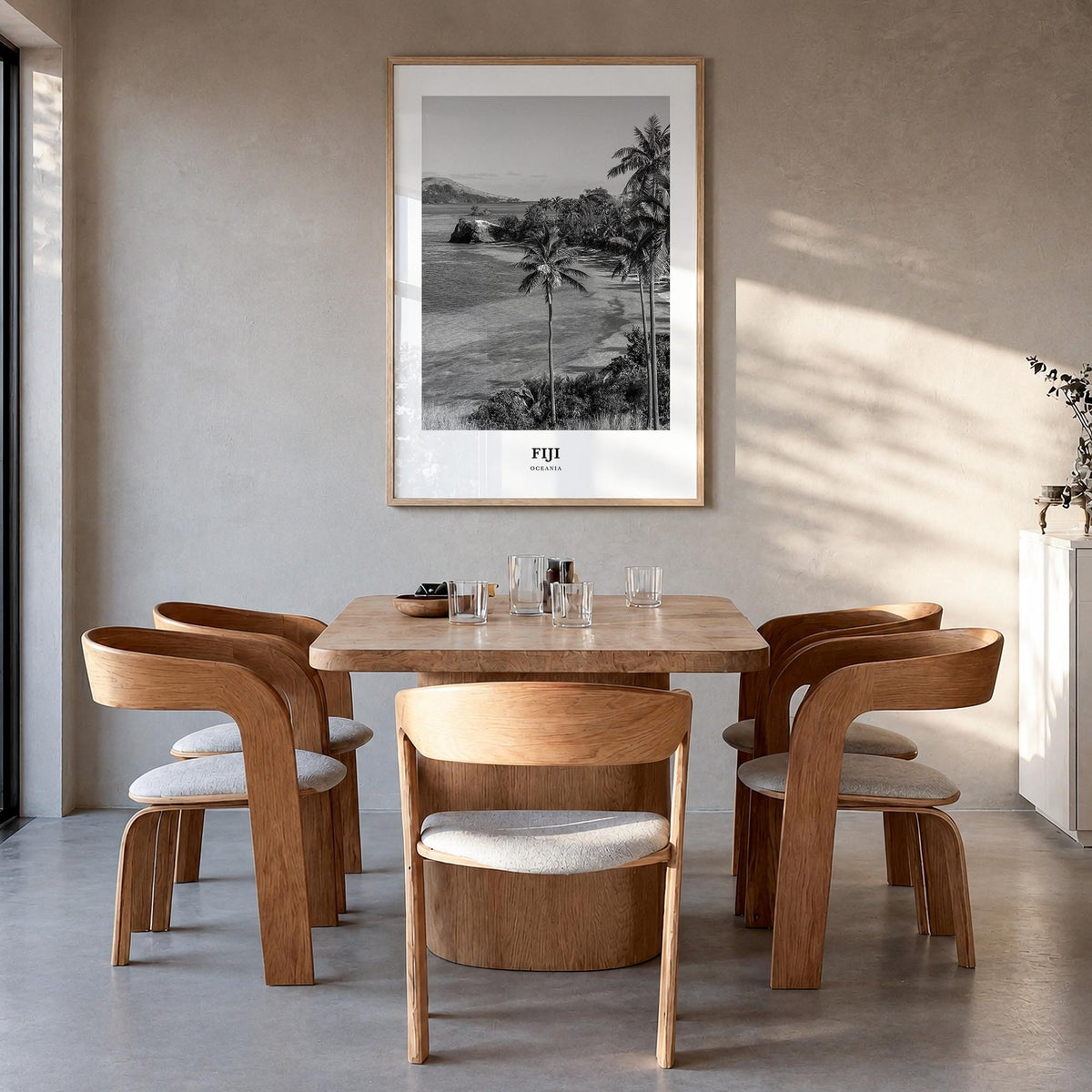 Fiji no. 3 black & white classic poster of Oceania – vertical wall art in natural wood frame, hanging on wall