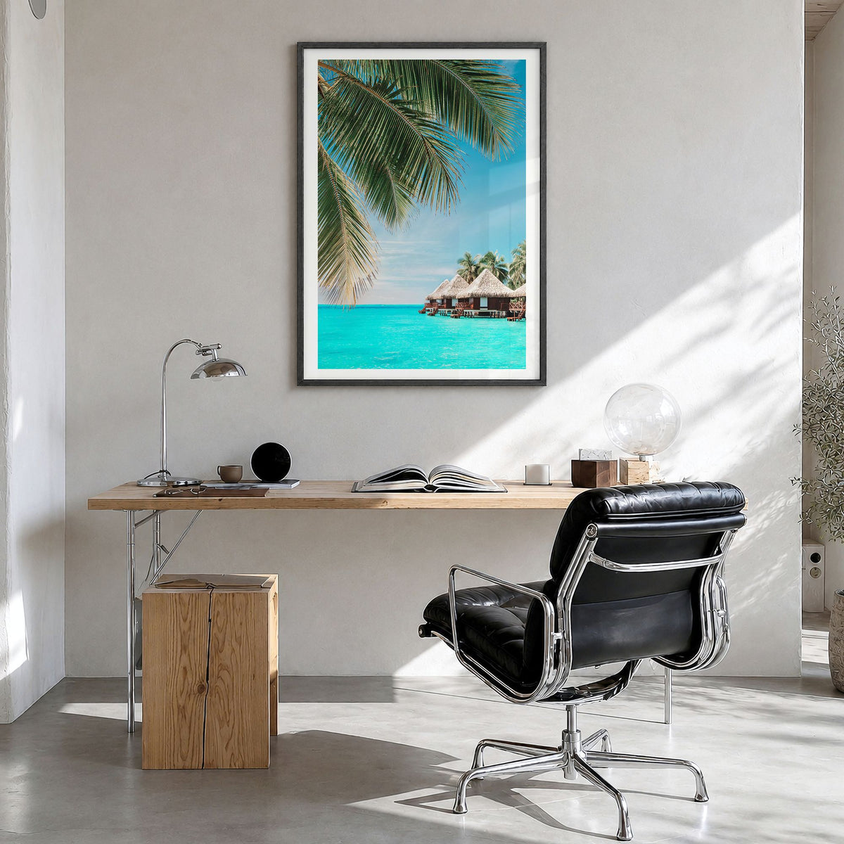 Fiji Photo Poster in a black wood frame, hanging in a bright home office, white border