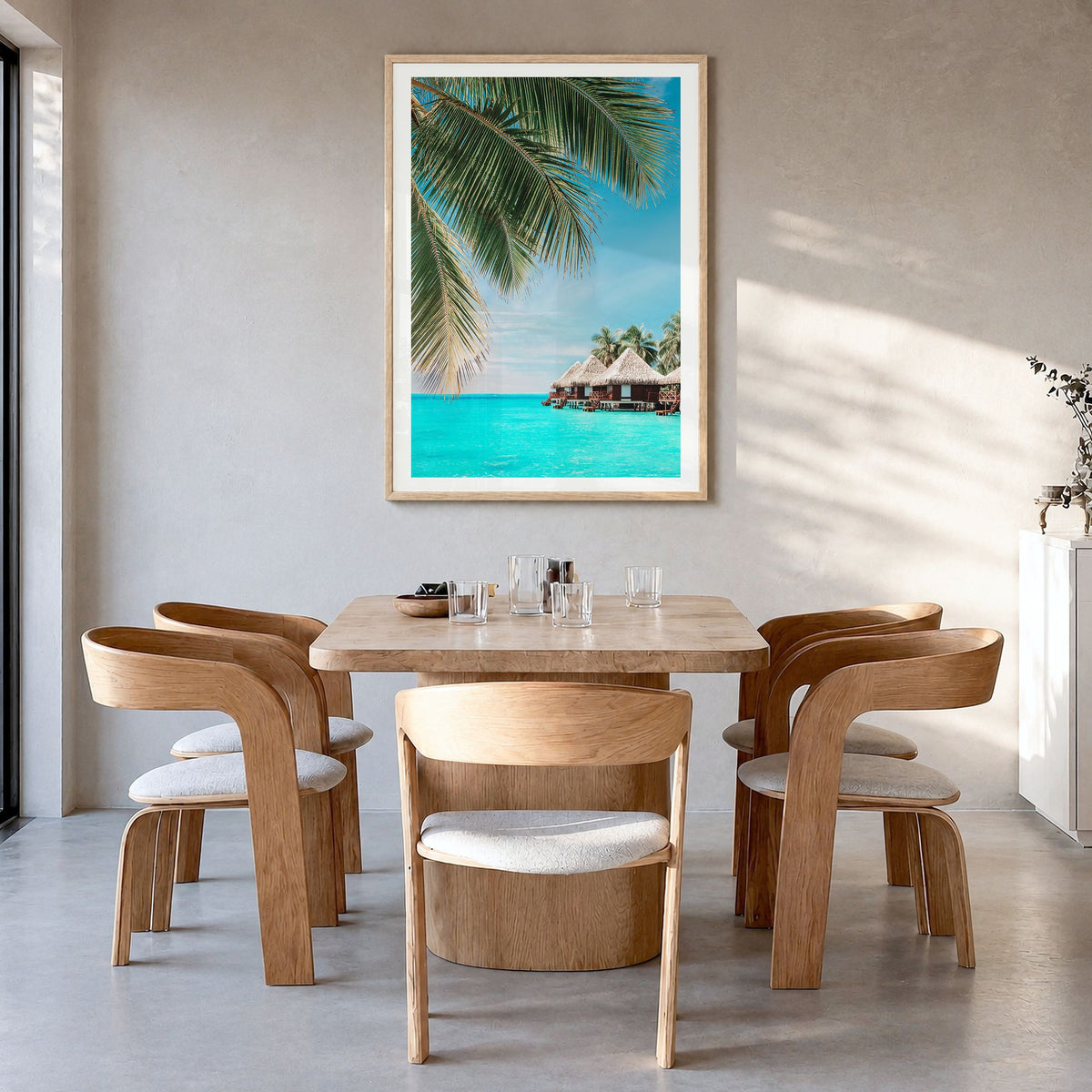 Fiji Photo Poster in a natural wood frame, hanging in a dining room, white border