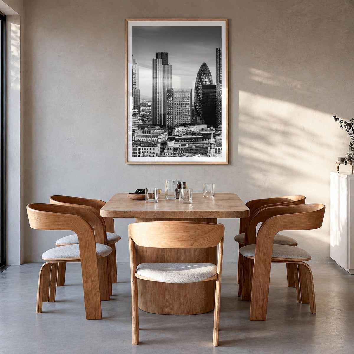 Financial District, New York City black & white photo poster of New York, USA – vertical wall art in natural wood frame with