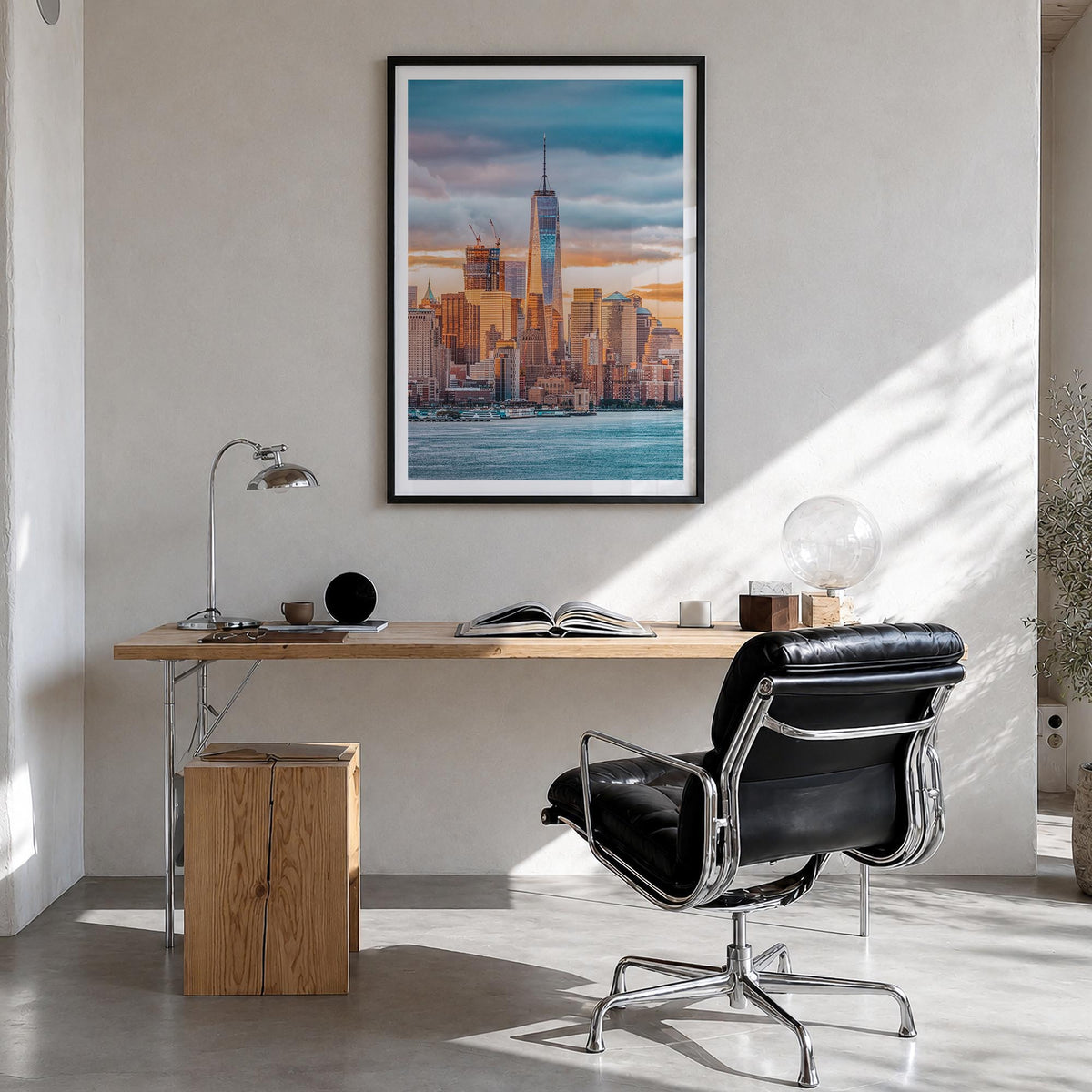Financial District, New York City colorful photo poster of New York, USA – vertical wall art in black wood frame with white b