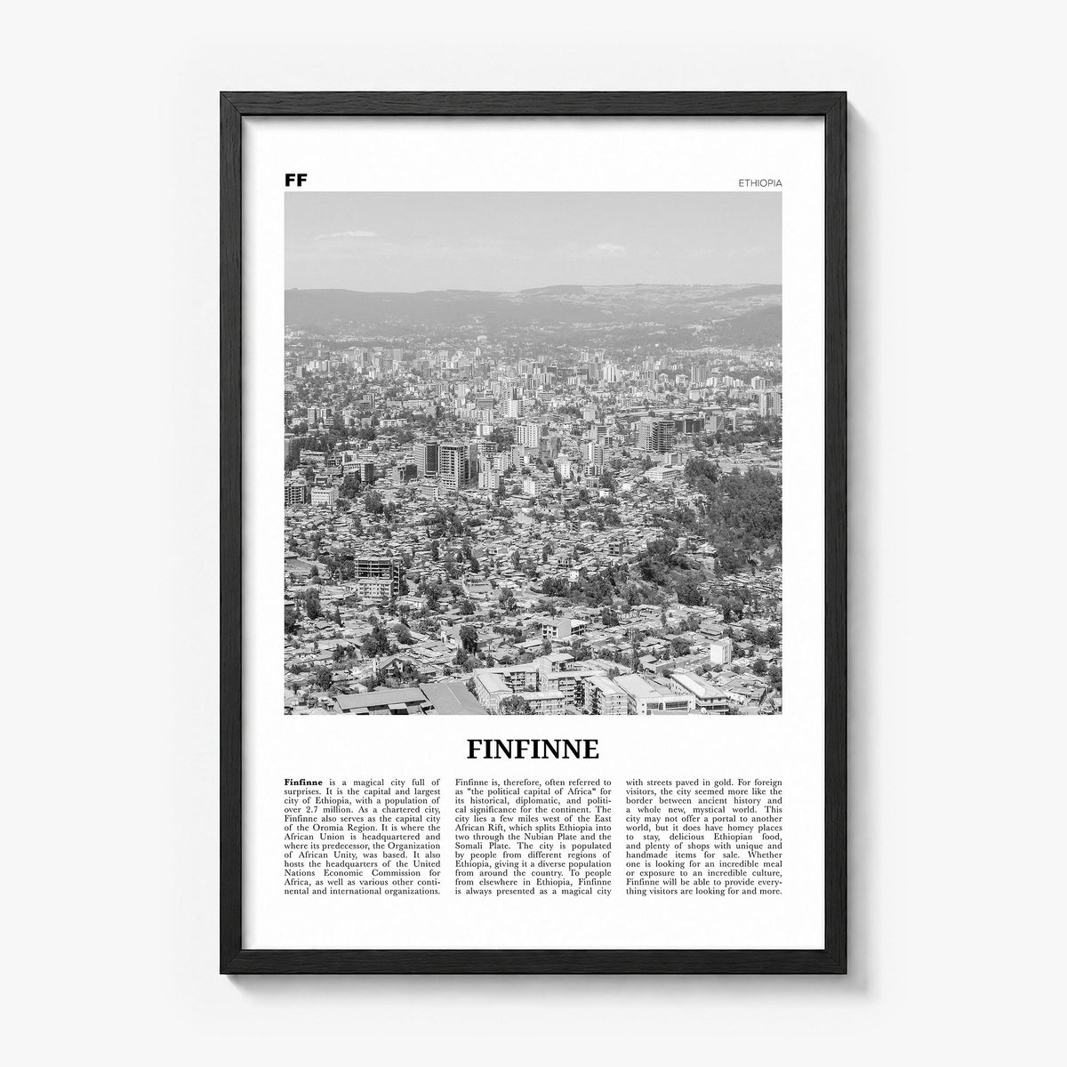 Finfinne Newspaper Poster in a black wood frame
