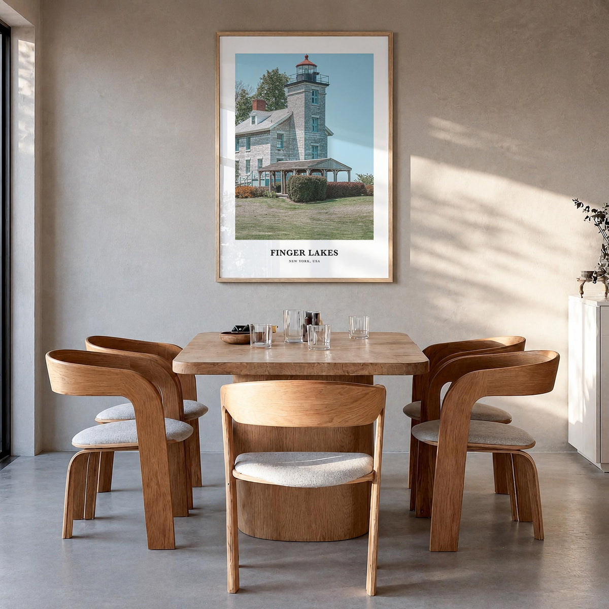 Finger Lakes colorful classic poster of New York, USA – vertical wall art in natural wood frame, hanging on wall