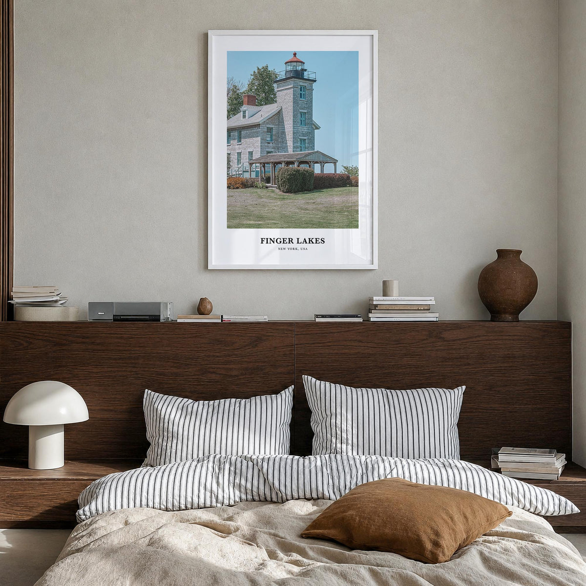 Finger Lakes colorful classic poster of New York, USA – vertical wall art in white wood frame, hanging on wall