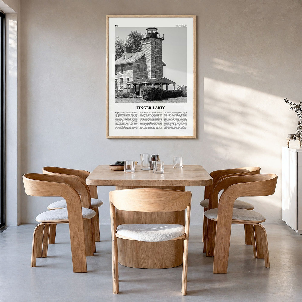 Finger Lakes Newspaper Poster in a natural wood frame, hanging in a dining room
