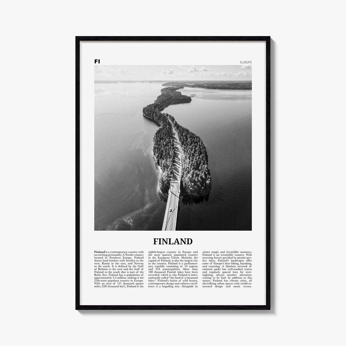 Finland black & white newspaper poster of Europe – vertical wall art, unframed print shown in interior mockup