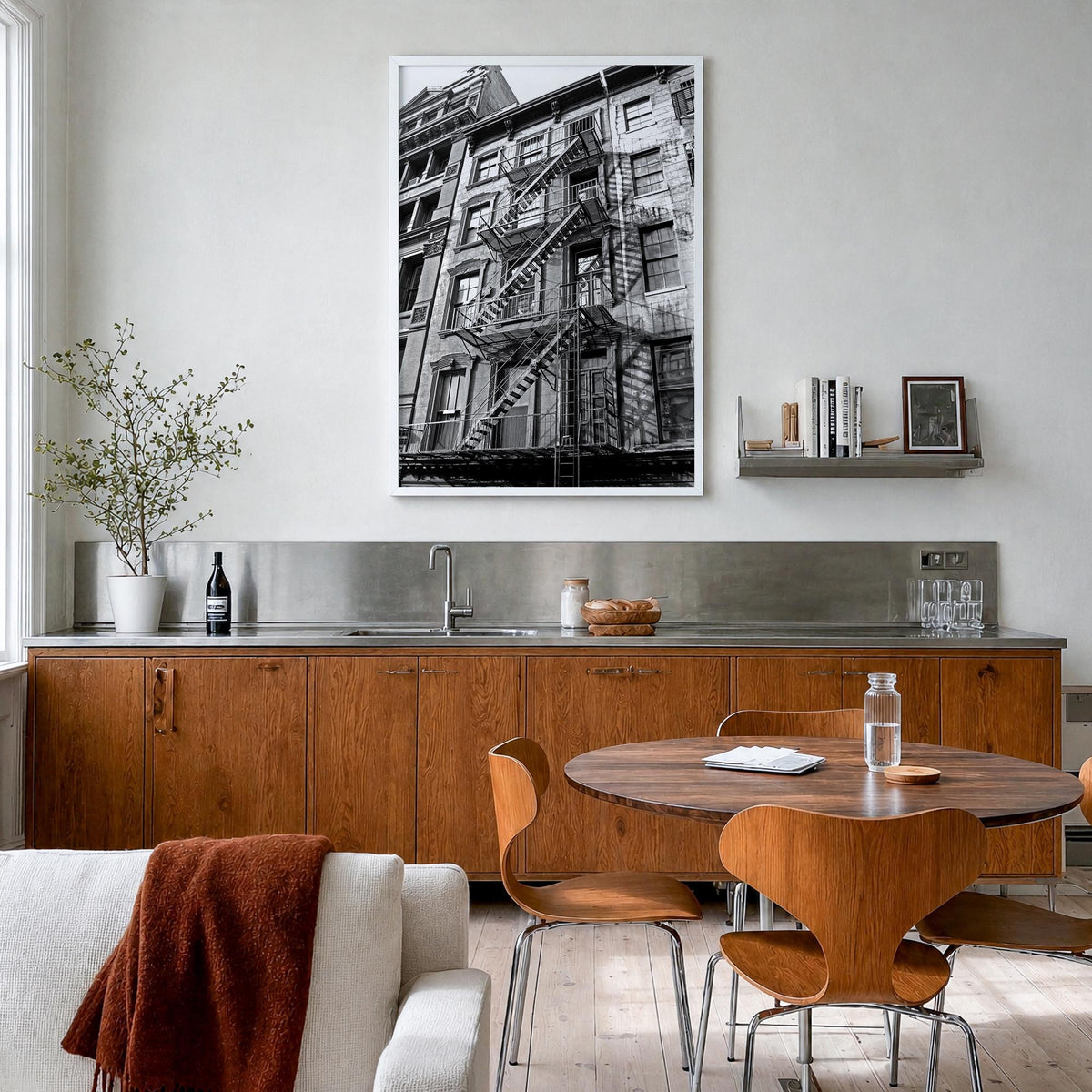 Fire Escapes no. 1 black & white photo poster – vertical wall art in white wood frame, hanging on wall