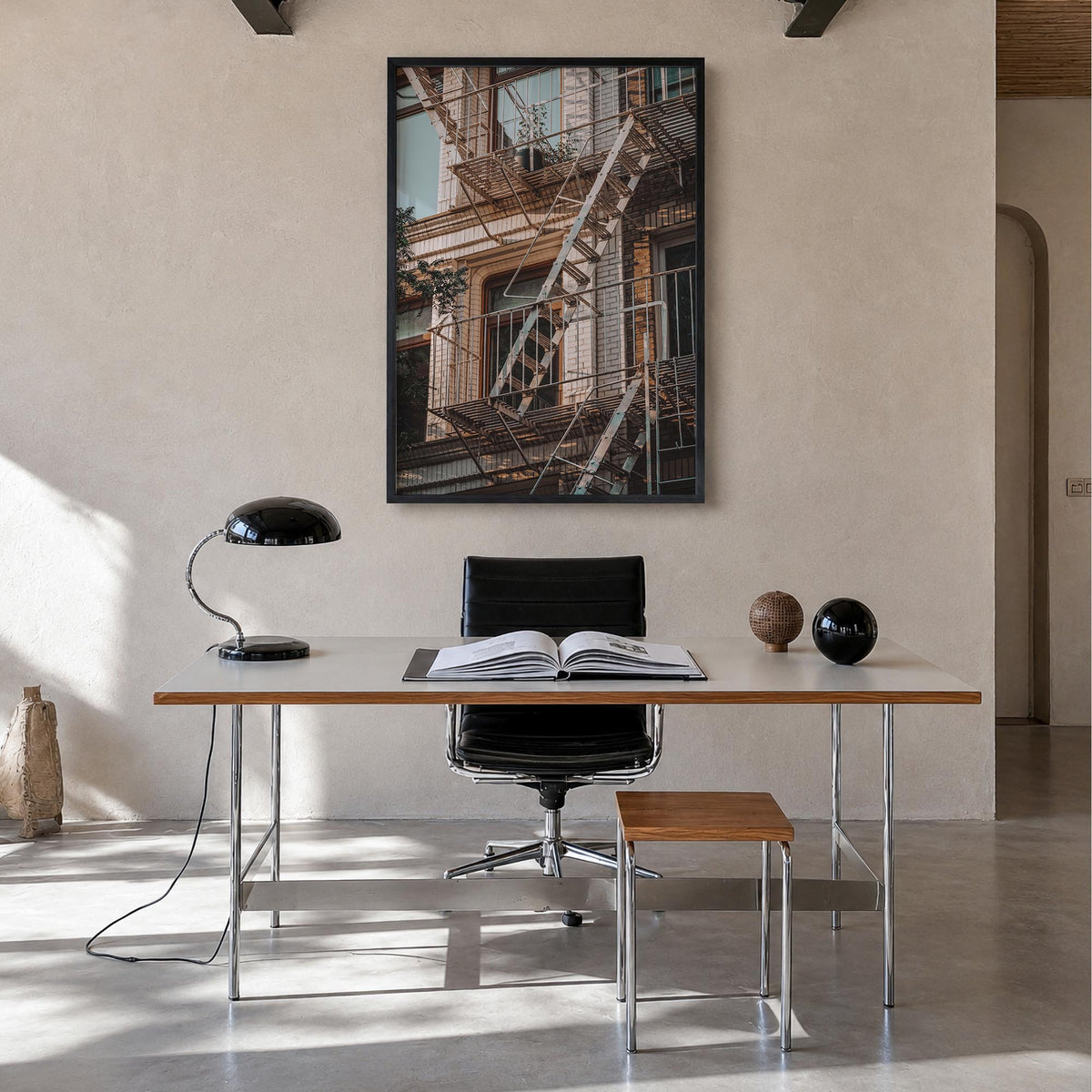 Fire Escapes no. 1 colorful photo poster – vertical wall art in black wood frame, hanging on wall