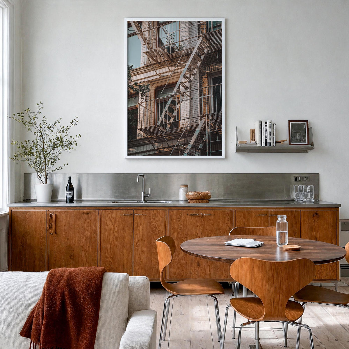 Fire Escapes no. 1 colorful photo poster – vertical wall art in white wood frame, hanging on wall