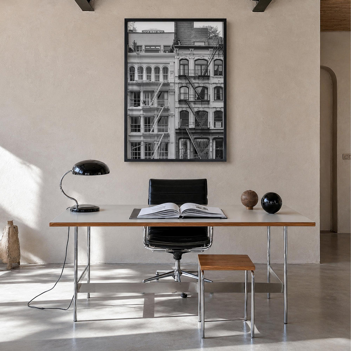 Fire Escapes no. 2 black & white photo poster – vertical wall art in black wood frame, hanging on wall