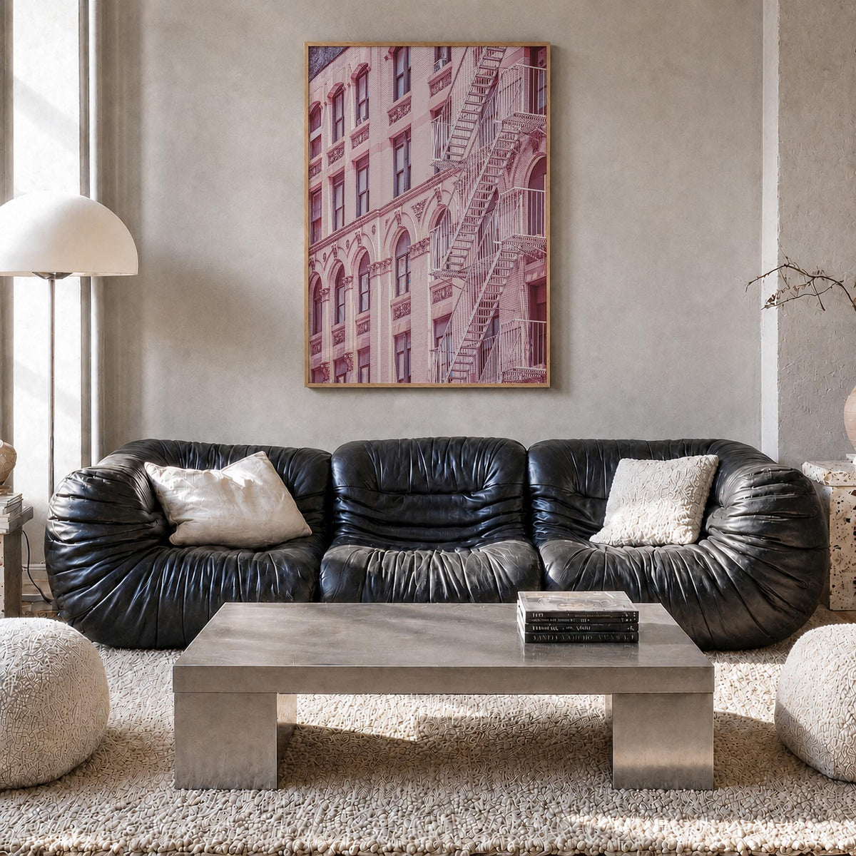 Fire Escapes no. 2 colorful photo poster – vertical wall art in natural wood frame, hanging on wall