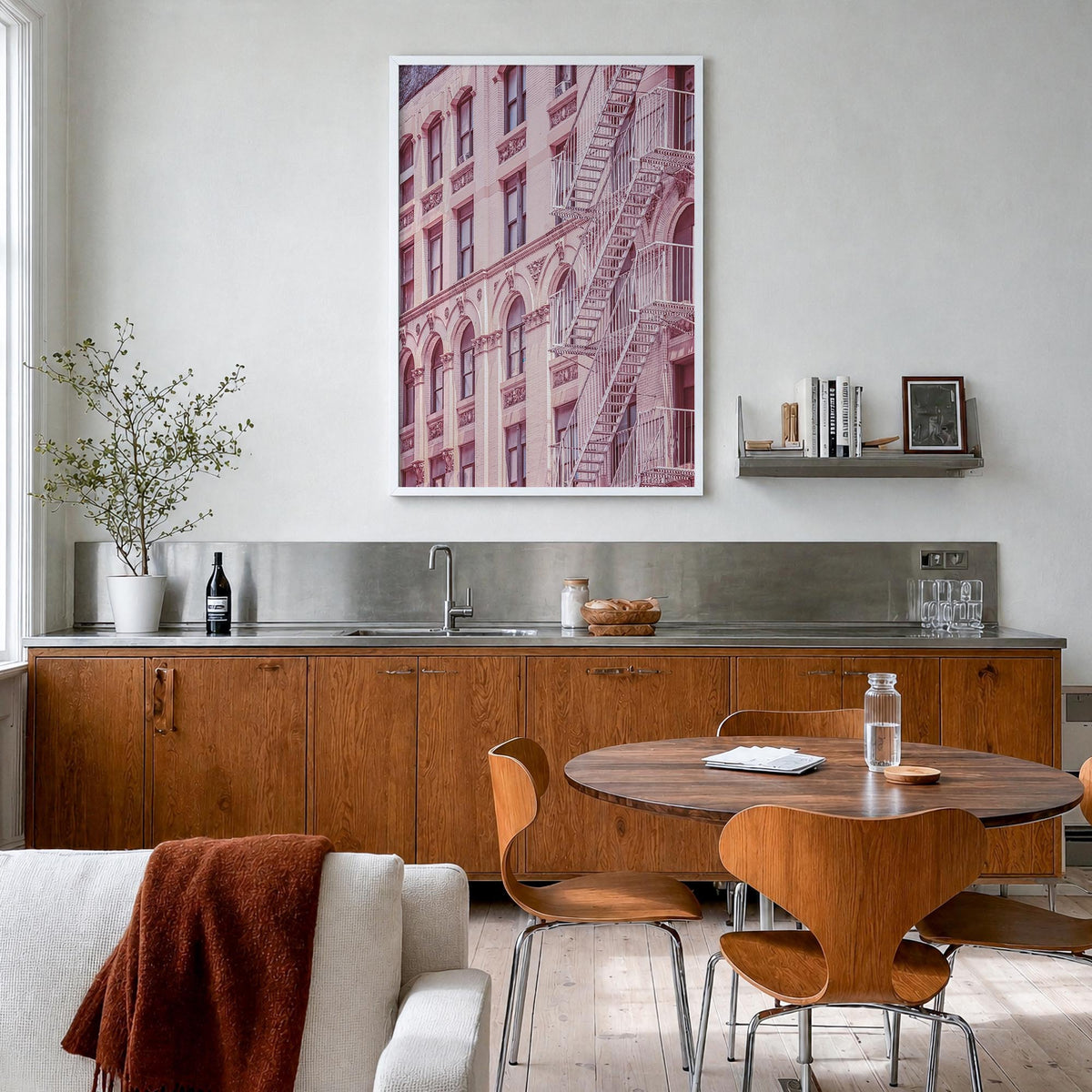 Fire Escapes no. 2 colorful photo poster – vertical wall art in white wood frame, hanging on wall