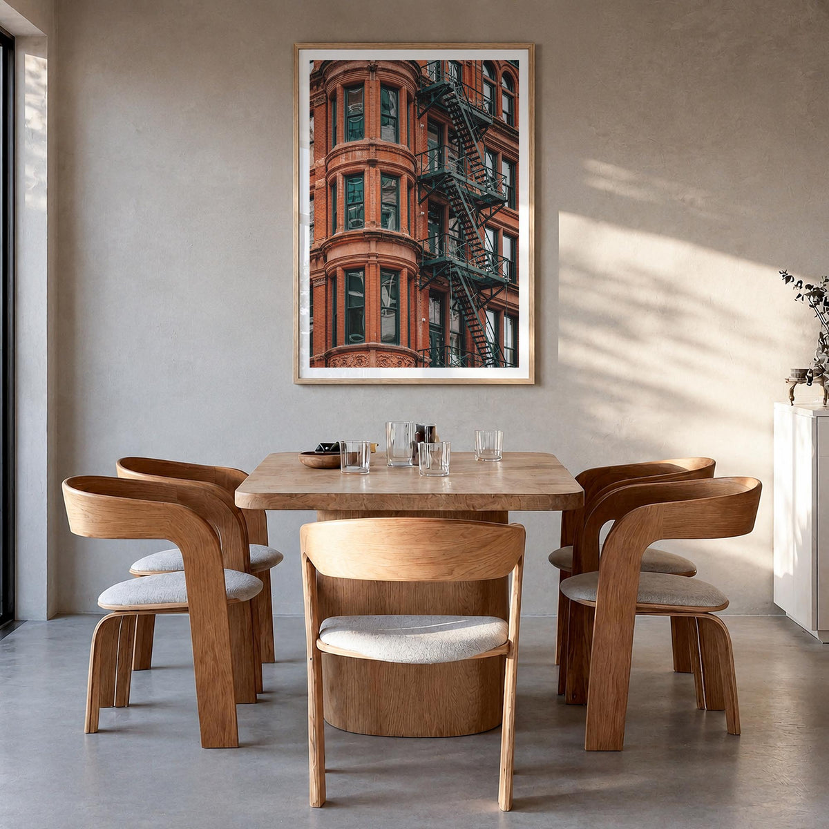 Fire Escapes no. 3 colorful photo poster – vertical wall art in natural wood frame with white border, hanging on wall