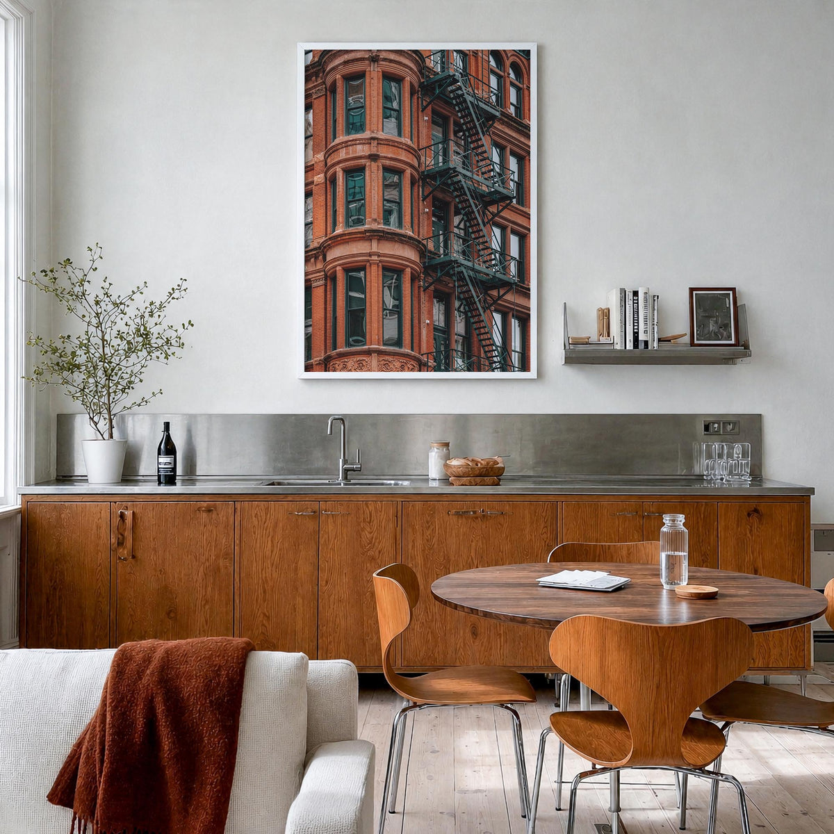 Fire Escapes no. 3 colorful photo poster – vertical wall art in white wood frame, hanging on wall