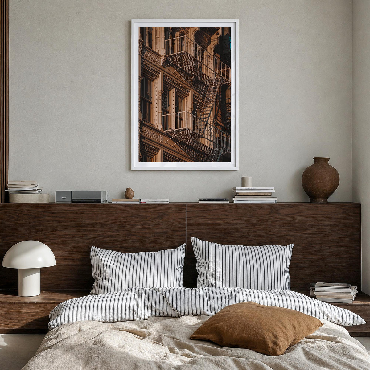 Fire Escapes no. 4 colorful photo poster – vertical wall art in white wood frame with white border, hanging on wall