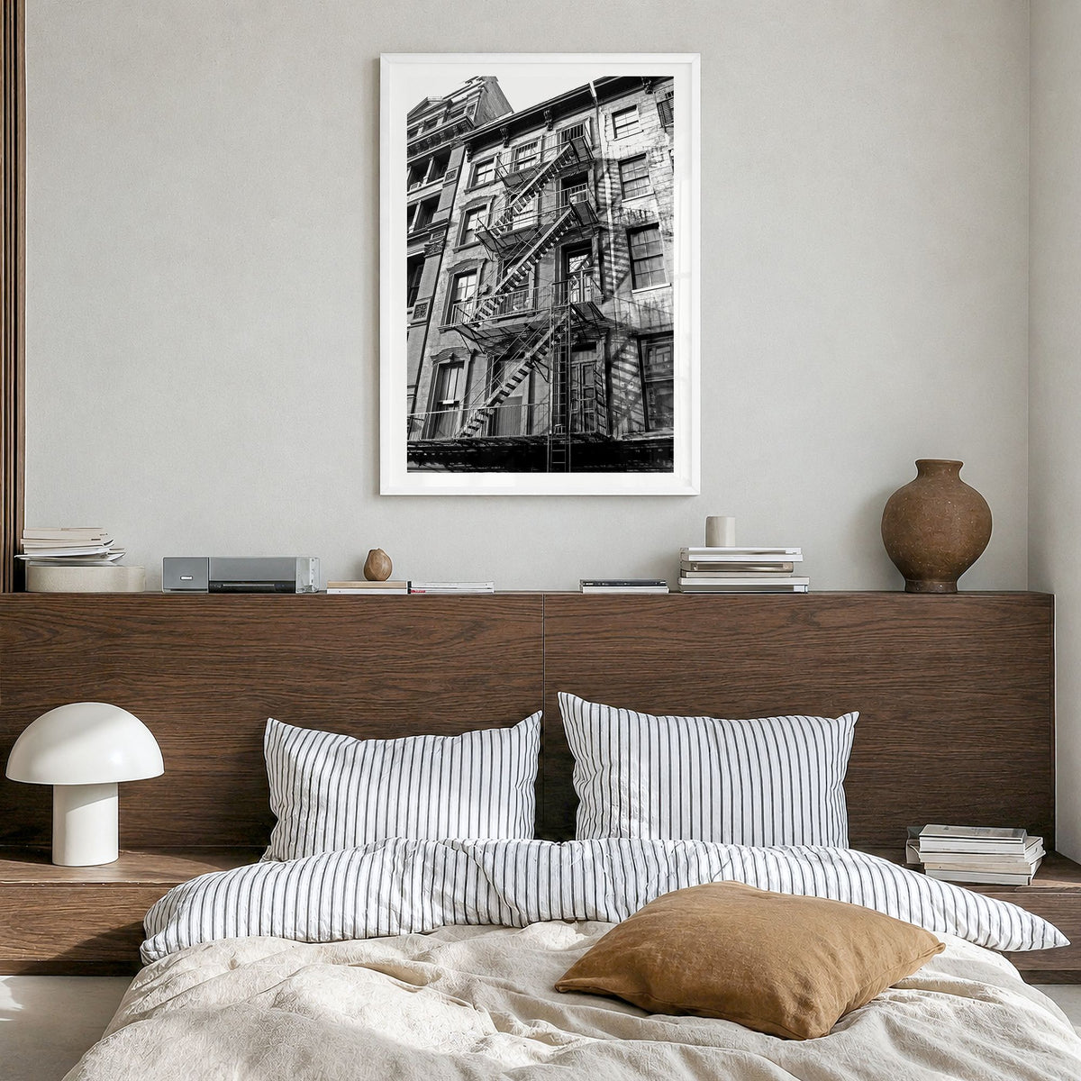 Fire Escapes Photo No 1 Poster in a white wood frame, hanging in a bedroom, white border