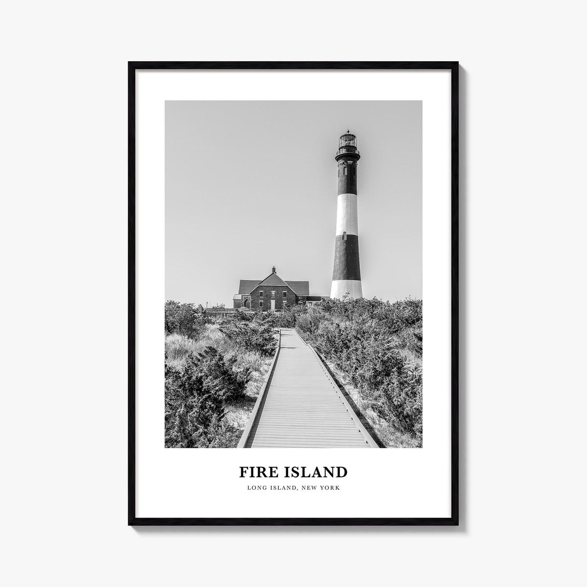 Fire Island black & white classic poster of Long Island, New York – vertical wall art, unframed print shown in interior mocku