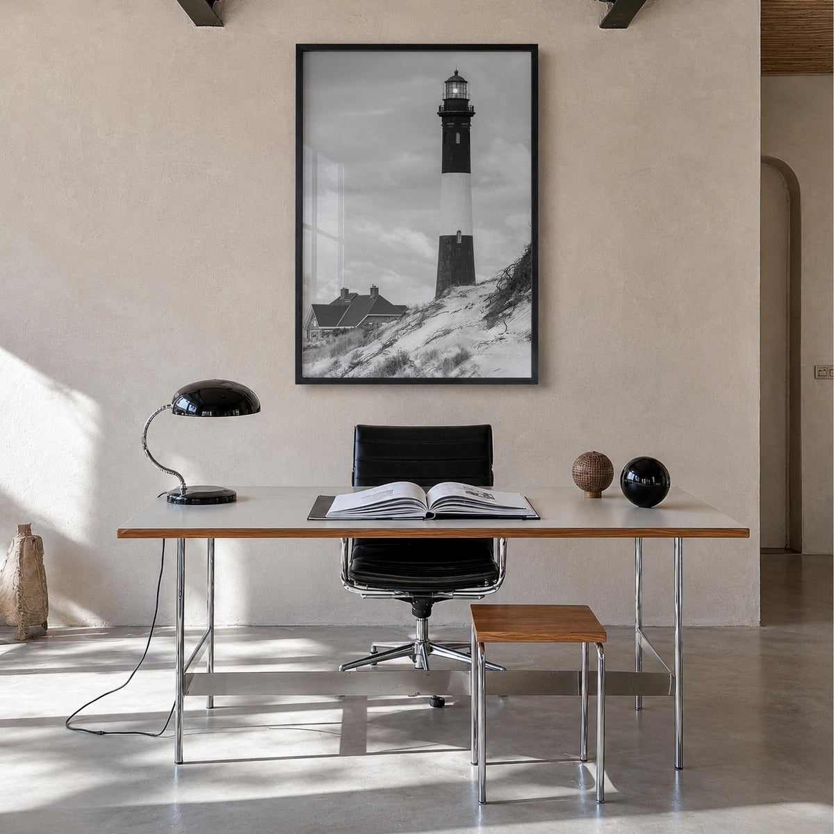 Fire Island black & white photo poster of Long Island, New York – vertical wall art in black wood frame, hanging on wall