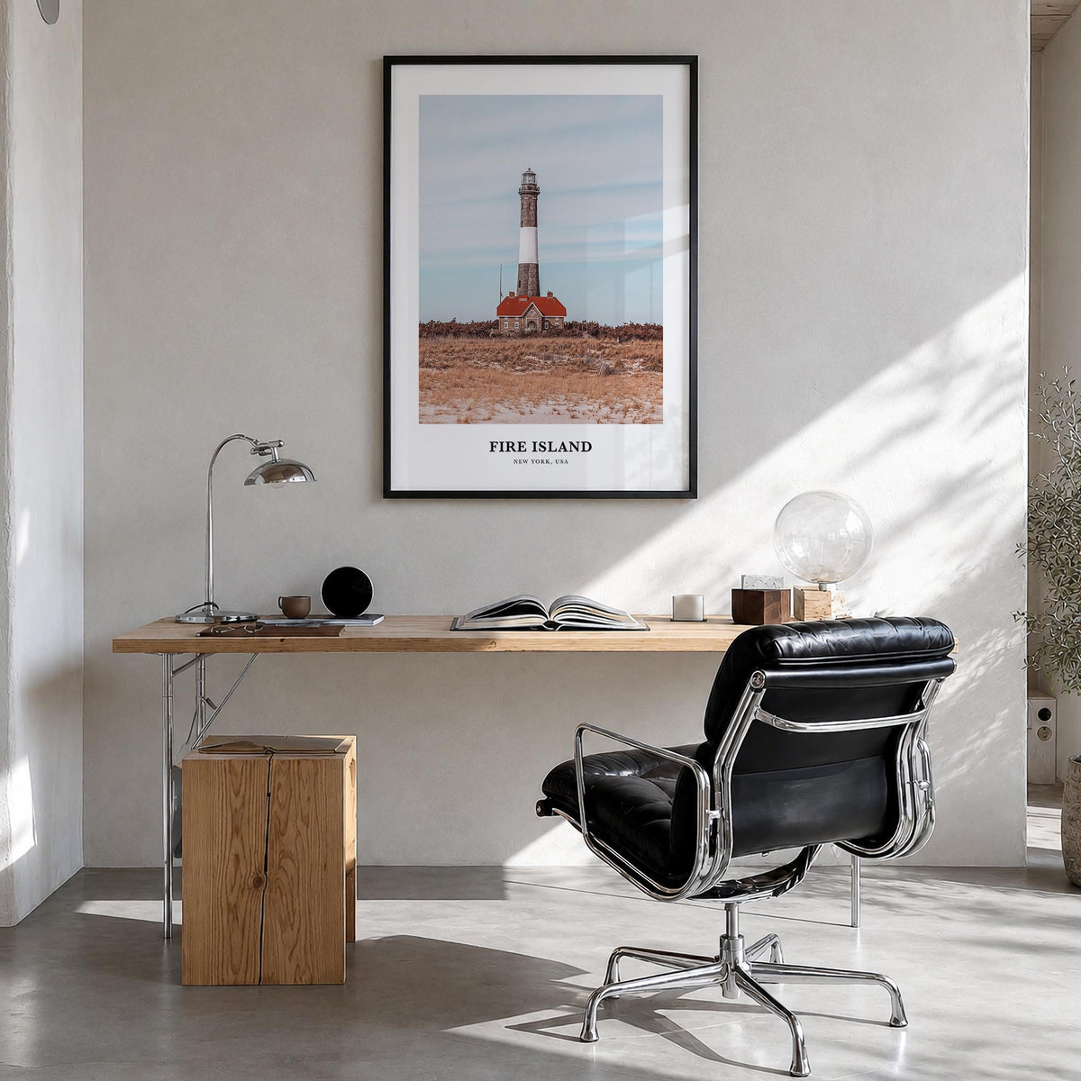 Fire Island no. 1 colorful classic poster of Long Island, New York – vertical wall art in black wood frame, hanging on wall